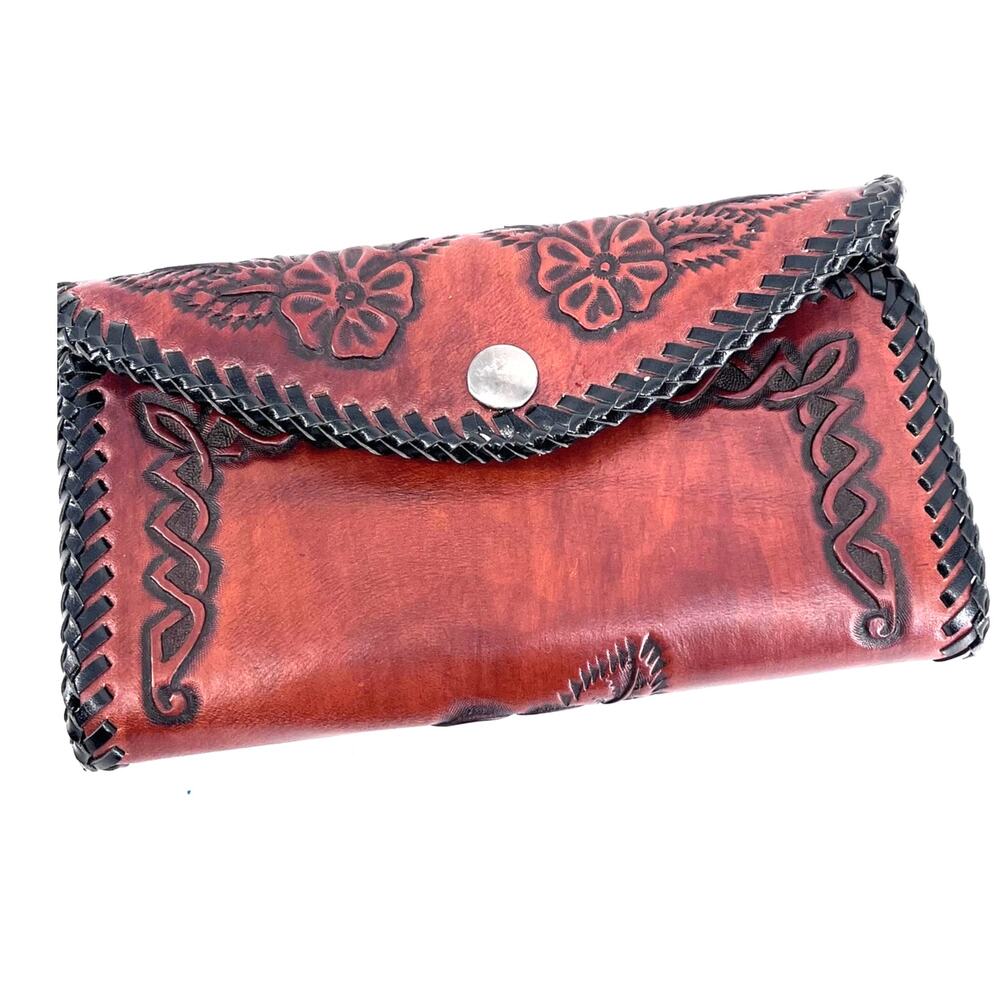 vintage handmade leather stamped laced black brown wallet pocketbook